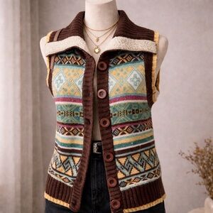 Boho Fair Isle Knit Sweater Vest Button Front Cozy Indie Cottage Wool Blend